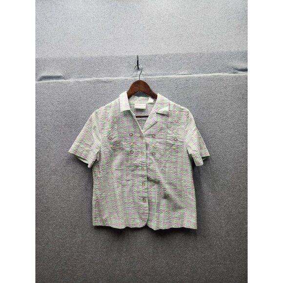 Alfred Dunner Womens Petite Plaid Short Sleeve Blouse 8P Green & Purple Embroide - Picture 1 of 5